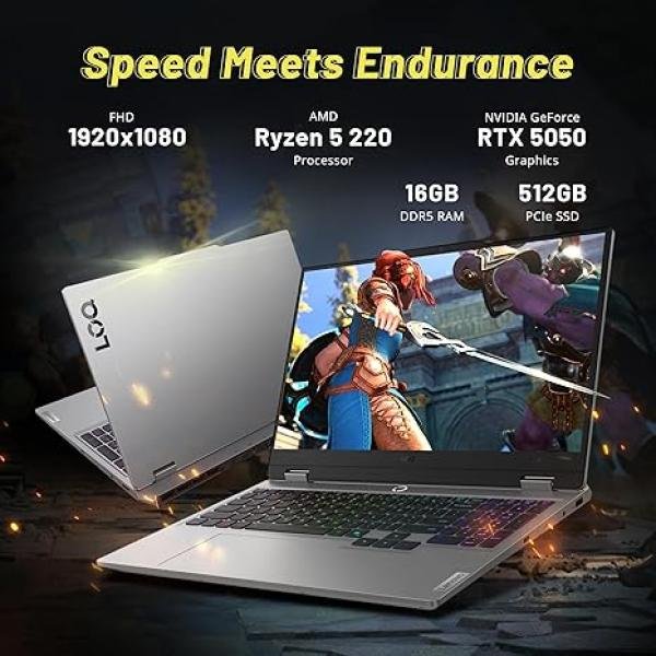 Lenovo LOQ 15.6" FHD 144Hz Gaming Laptop, AMD Ryzen 5 220, GeForce RTX 5050 8GB GDDR7, 16GB DDR5, 512GB SSD , Backlit Keyboard, HD 720p Camera, Win11, Gray